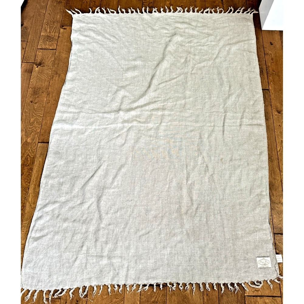 Pom Pom at Home Hilde Leiaghat 100% Linen Throw Blanket Oatmeal Fringe 50 x 72 - Picture 7 of 8